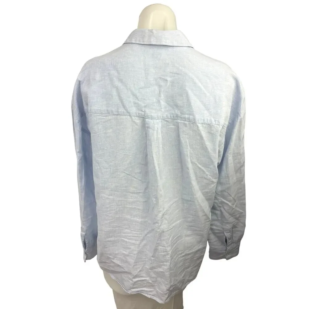 H&M Blue Linen Pinstripe V-Neck Collar Long Sleeve Lightweight Boxy Blouse Top 0 - Picture 2 of 4